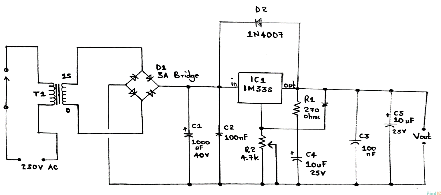 LM338 可调稳压电路：13V、5A