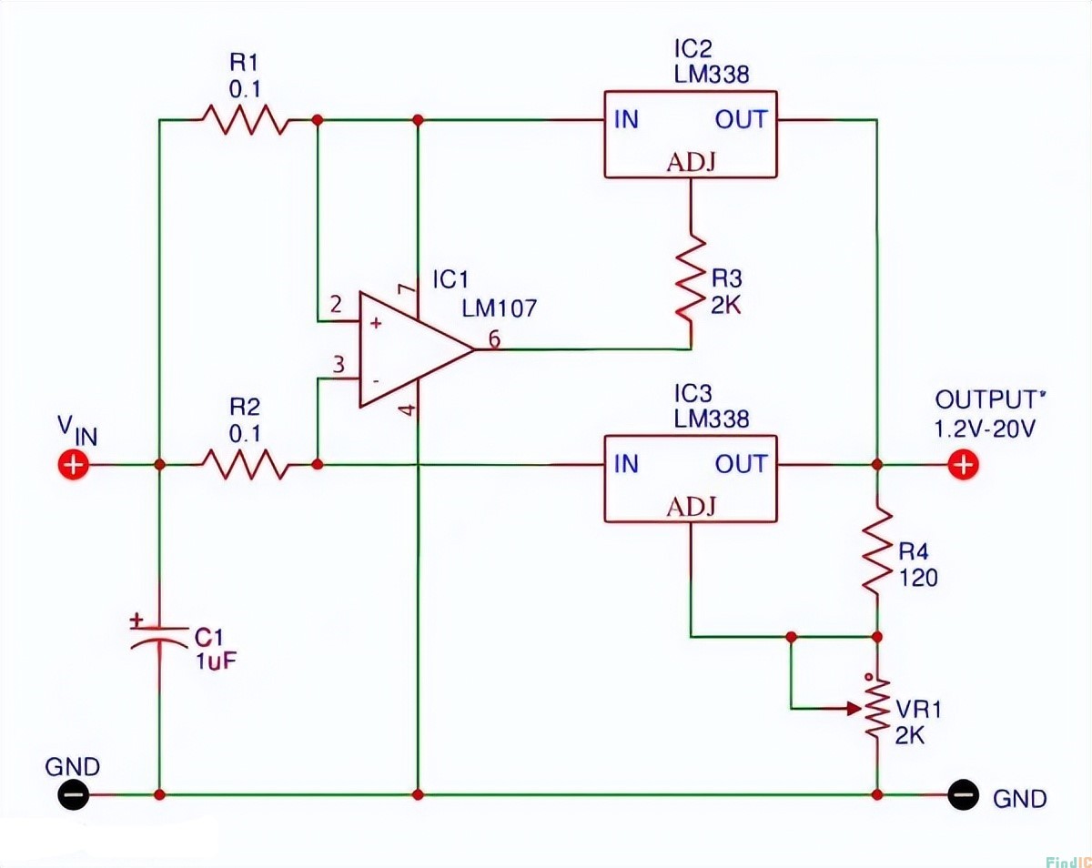 LM338 可调直流电源：1-20V，10A